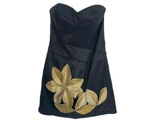 Jessica McClintock black strapless mini dress gold floral detail